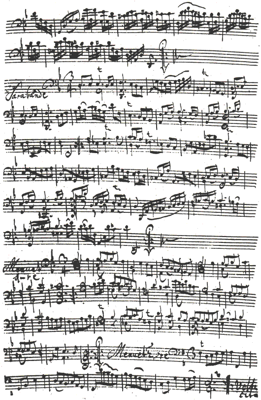 Bach Suite No. 2 in D minor, Courante (concl.), Sarabande, Menuetto (beginning)