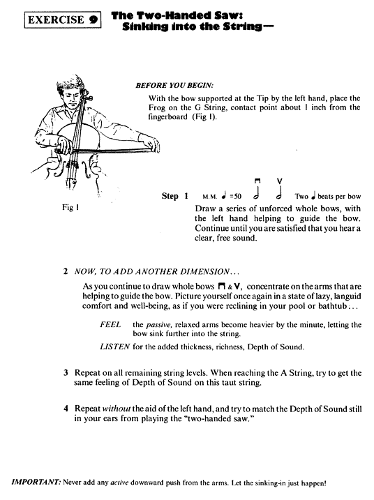 The Two-Handed Saw: Sinking into the String. Exercise 9 from The Joy of Cello Playing book series, Master Lesson 4, by Harry Wimmer