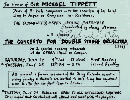 Autographed informal Aspen poster announcing readings of Michael Tippett's Concerto for Double String Orchestra